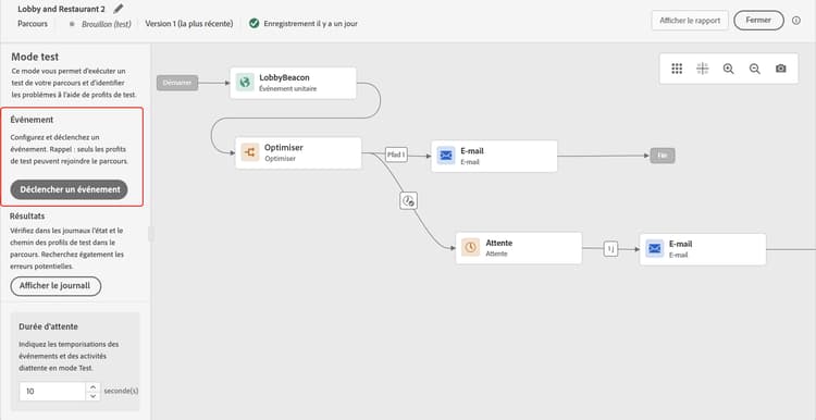 Bouton Déclencher un événement en mode test