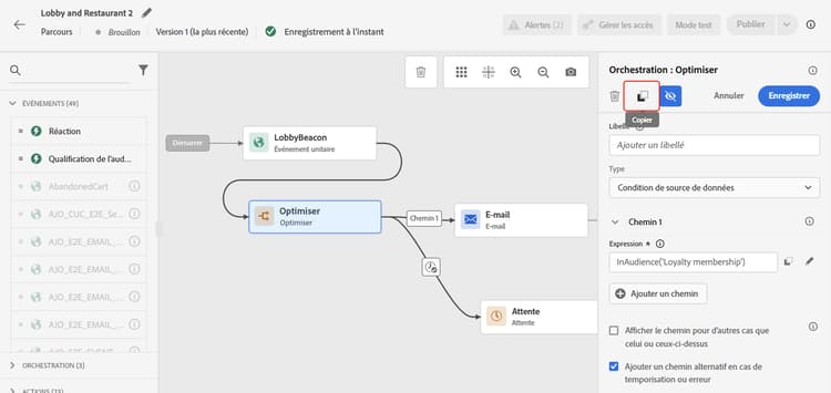 Icône Copier dans le volet de configuration de l’activité