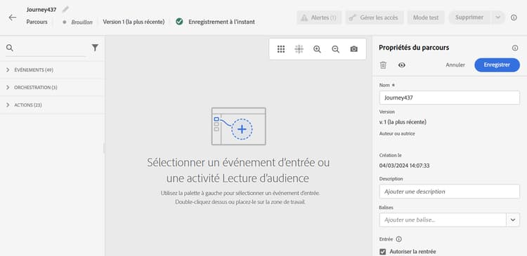 Panneau des propriétés du parcours avec les paramètres et les options de configuration