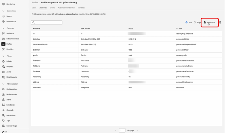 Vue JSON du profil dans Adobe Experience Platform