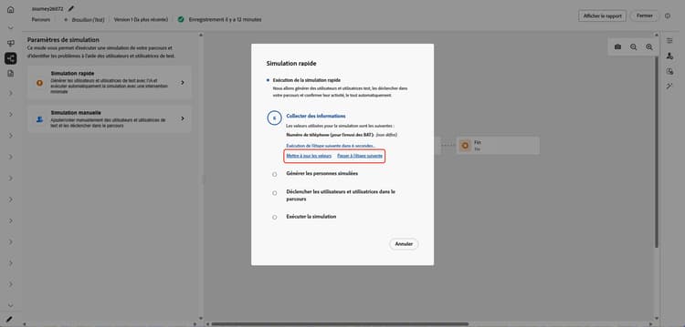 Boîte de dialogue Simulation rapide à l’étape Collecte d’informations avec Mettre à jour les valeurs et Passer à l’étape suivante