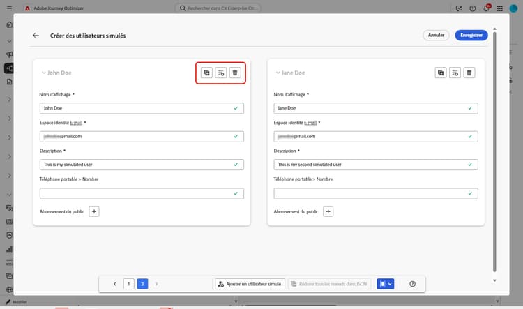 Création de cartes Utilisateurs simulés avec doublon, Application de tous les attributs aux autres utilisateurs et Suppression sur chaque utilisateur