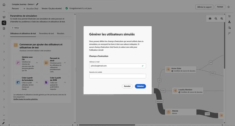 Boîte de dialogue Générer des utilisateurs simulés avec les champs d’e-mail, de téléphone et de jeton push d’exécution et bouton Générer