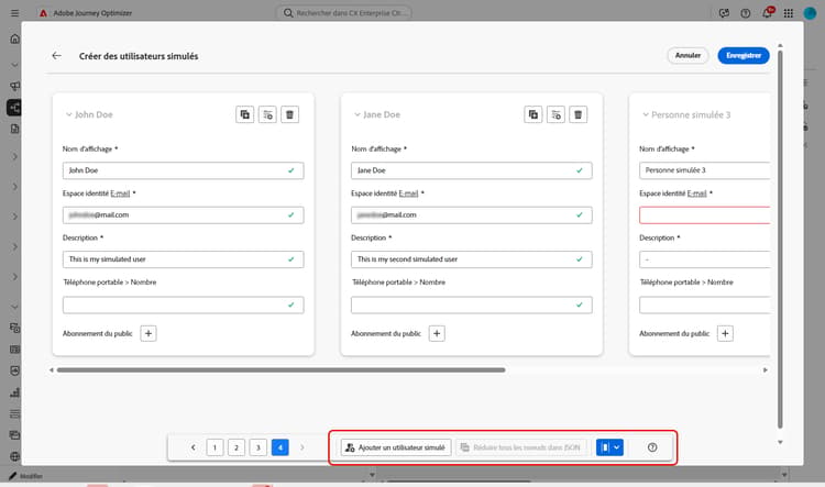Créer un pied de page Utilisateurs simulés avec les contrôles d’affichage Ajouter un utilisateur simulé, Tout réduire et Disposition