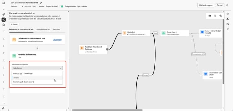 Le menu déroulant Sélectionner le type d’événement s’ouvre dans la section Tester les événements des paramètres Simulation