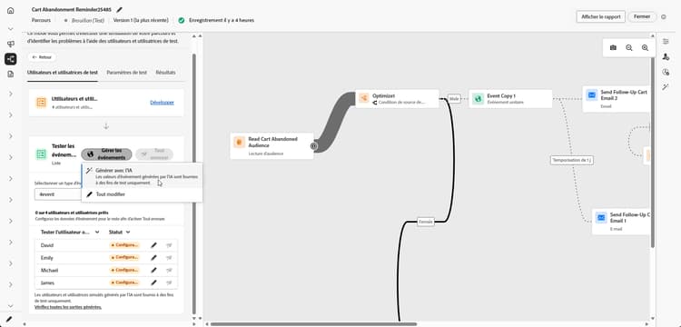 Menu Gérer les événements dans Événements de test avec les options Générer avec l’IA et Modifier toutes les options