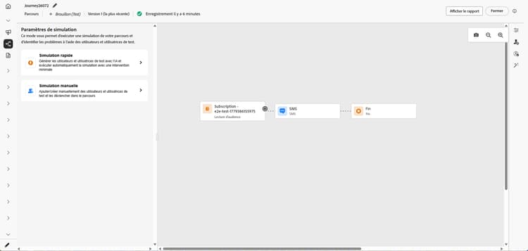Panneau Paramètres de simulation avec les options Simulation rapide et Simulation manuelle en regard de la zone de travail du parcours ​