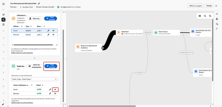Section des événements de test avec les commandes Envoyer tout et Envoyer par utilisateur pour les utilisateurs marqués comme Prêt