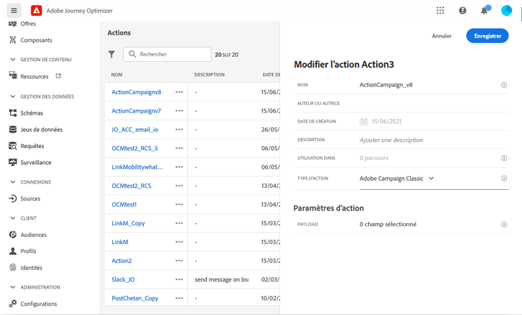 Sélection du type d’action affichant Adobe Campaign option Classic