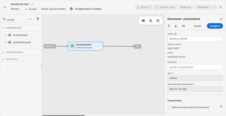 Zone de travail du parcours avec événement et action de campagne configurés