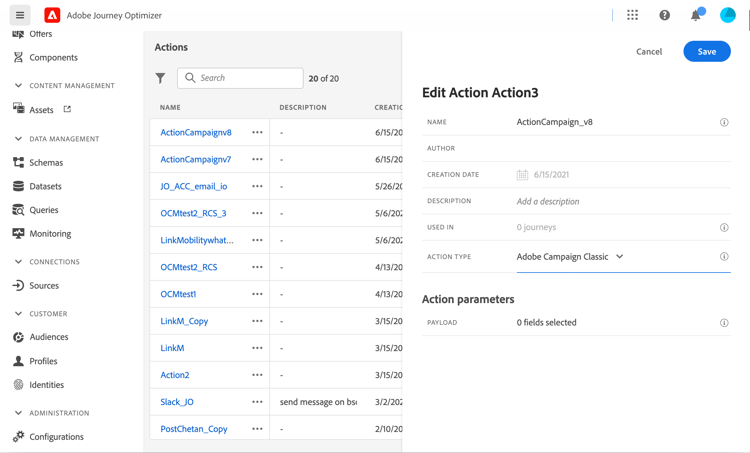 Sélection du type d’action affichant l’option Adobe Campaign Classic
