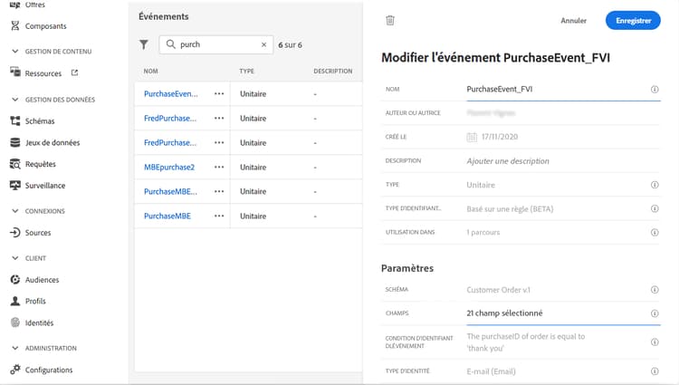 Écran de configuration d’une action personnalisée pour l’intégration Adobe Campaign Classic