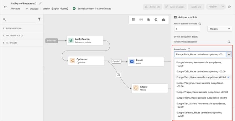 Liste déroulante de sélection du fuseau horaire dans les propriétés du parcours