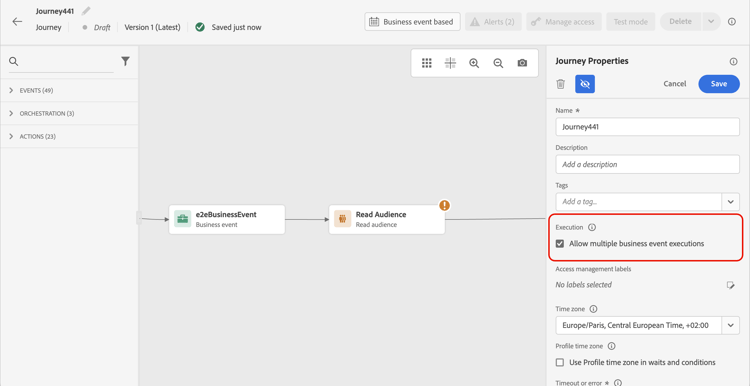 Options de gestion des entrées des événements métier dans la configuration de parcours