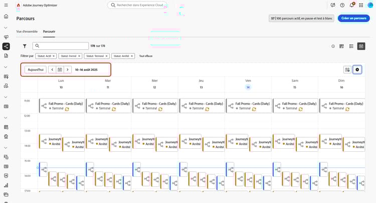 vue de calendrier affichant les parcours actifs