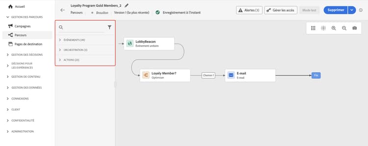 Interface du concepteur de parcours avec la palette, la zone de travail et le volet Propriétés