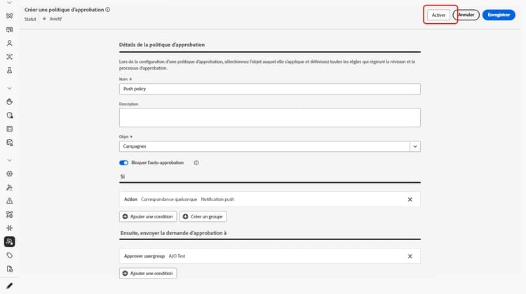 Bouton Activer la stratégie dapprobation