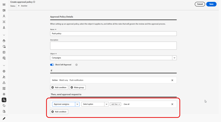 Interface de sélection des destinataires de la demande dapprobation