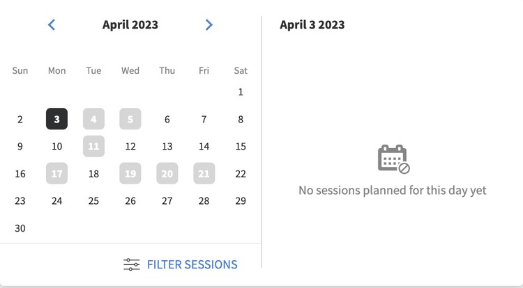 Sessions sur le calendrier sans filtre appliqué