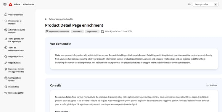 Tableau de bord Enrichir les pages de détails du produit