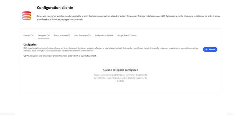 Tableau de bord de configuration cliente