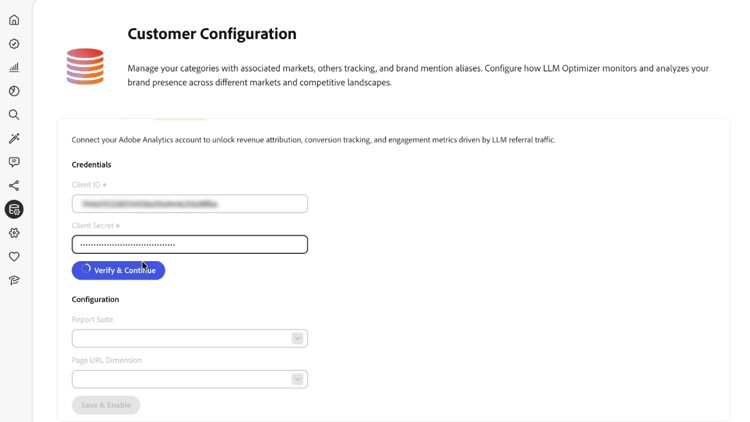 Informations d’identification Analytics et Vérifier et continuer