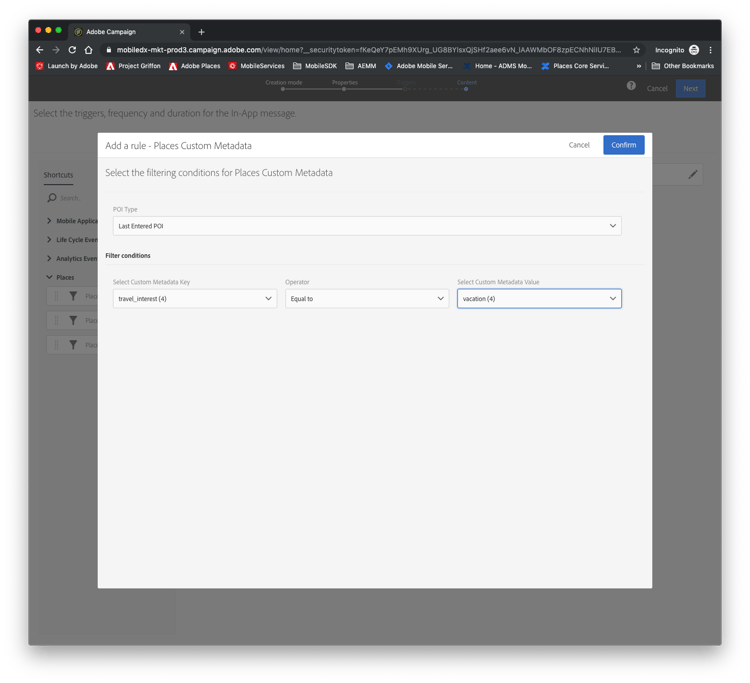 Métadonnées Places de message in-app