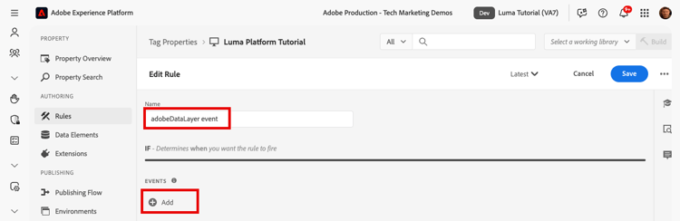 Nommez la règle et ajoutez un événement