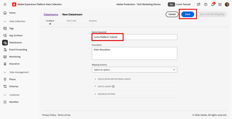 Nommez le flux de données et enregistrez