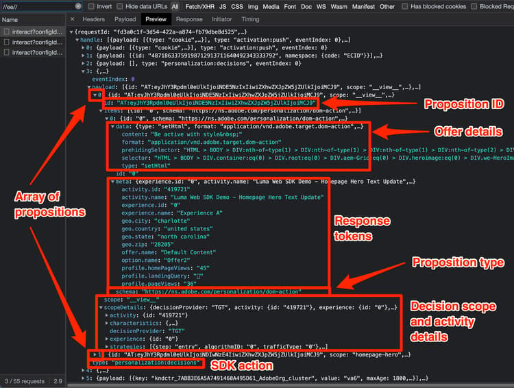 Éléments spécifiques à Target du corps de réponse du SDK Web Platform