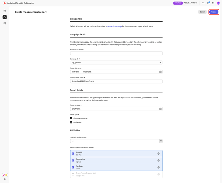 Écran Créer un rapport de mesure affichant les informations et l’option Créer mise en surbrillance.