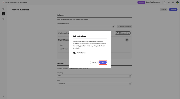 Boîte de dialogue Modifier les clés de correspondance dans le workflow d’activation de l’audience.