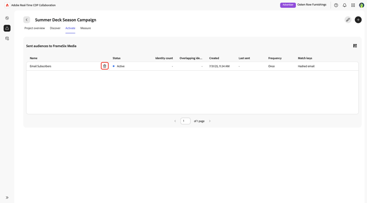 Option Supprimer dans la section Audiences envoyées à