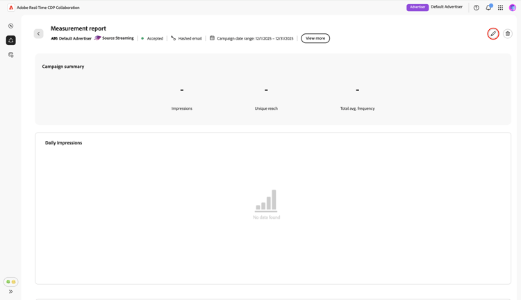 Espace de travail du rapport de mesure avec l’icône Modifier mise en surbrillance.