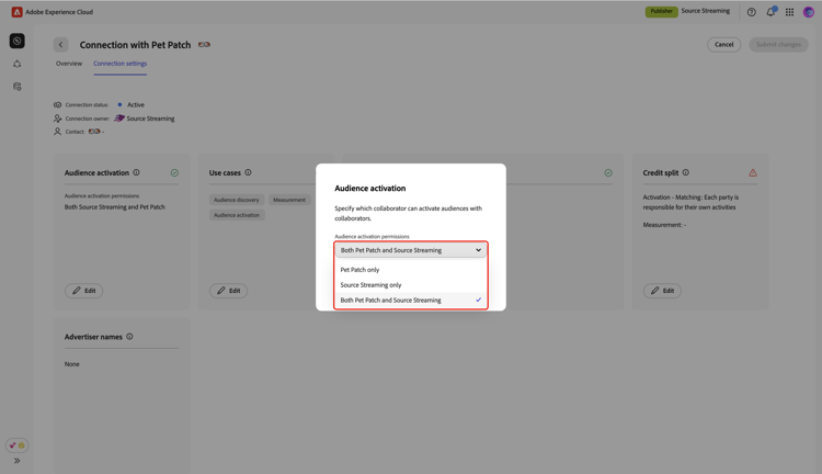 La boîte de dialogue Activation de l’audience mettant en surbrillance le menu déroulant développée pour mettre à jour les autorisations d’activation de l’audience.