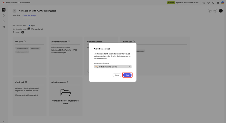 La boîte de dialogue Contrôle d’activation avec Exportations d’audience Northstar sélectionnée comme destination d’activation automatique et le bouton Enregistrer mis en surbrillance.