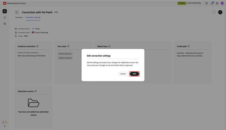 Boîte de dialogue Modifier les paramètres de connexion avec l’option Modifier mise en surbrillance.