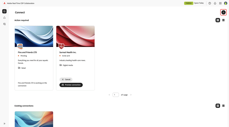 L’icône plus mise en surbrillance dans l’espace de travail Connect.