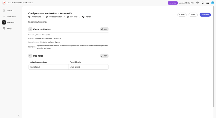 Étape de révision affichant le résumé de la configuration de destination avant la fin.