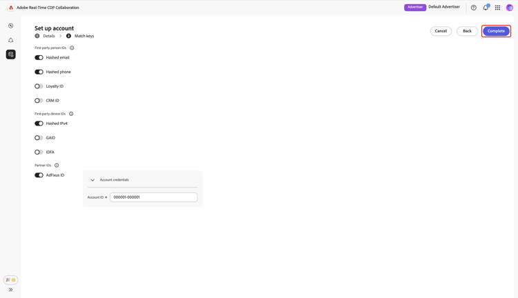 L’espace de travail Configurer le compte avec la section Clés de correspondance affichée.