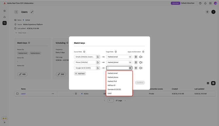 Menu déroulant affichant tous les champs cibles disponibles à mapper au nouveau champ source.