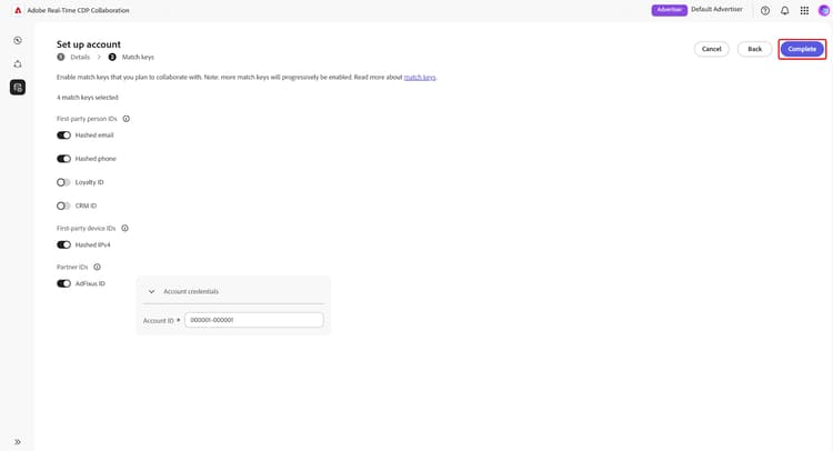 L’espace de travail Configurer le compte avec la section Clés de correspondance affichée.