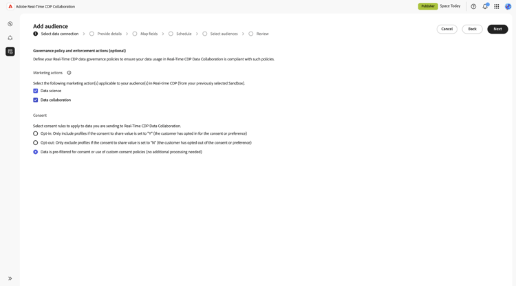 Espace de travail Ajouter des audiences à la section Politique de gouvernance et application des actions