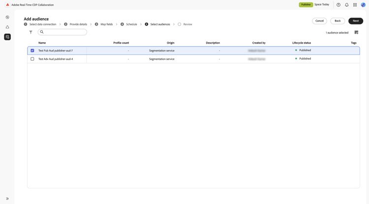 Espace de travail Ajouter des audiences avec une liste des audiences disponibles.
