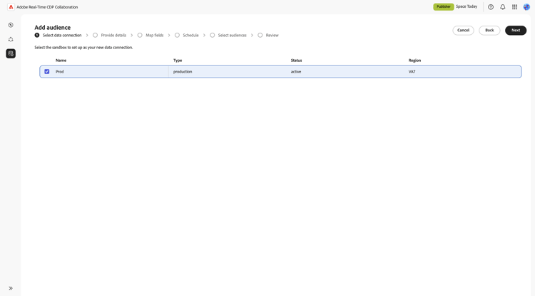 Espace de travail Ajouter des audiences avec un sandbox sélectionné.