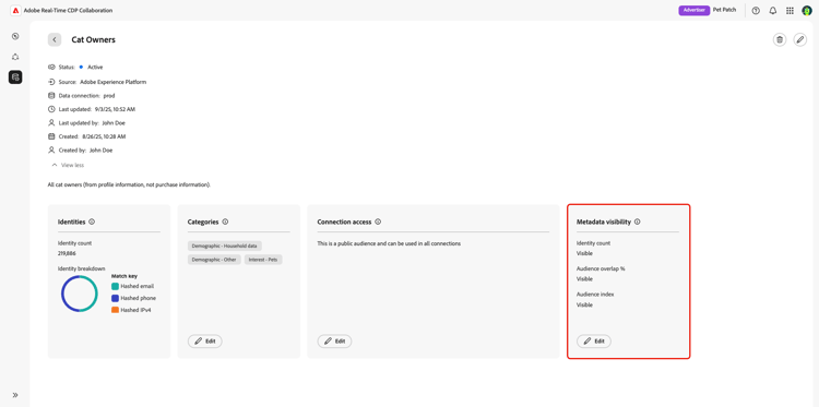 Section Visibilité des métadonnées de l’espace de travail d’une audience individuelle.