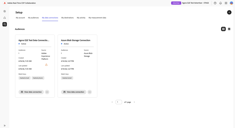 Vue Mes connexions de données affichant une carte de connexion Azure Blob Storage nouvellement créée avec les détails de connexion, les clés de correspondance, le nombre de profils des audiences et les informations de statut.