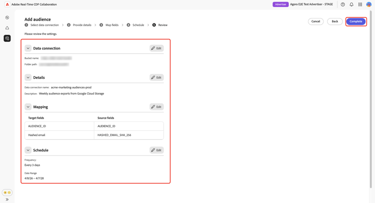 Workflow Ajouter une audience à l’étape « Réviser » présentant un résumé des sections de connexion aux données, de détails, de mappage et de planification avec les valeurs configurées, ainsi que le bouton Terminer visible dans le coin supérieur droit.