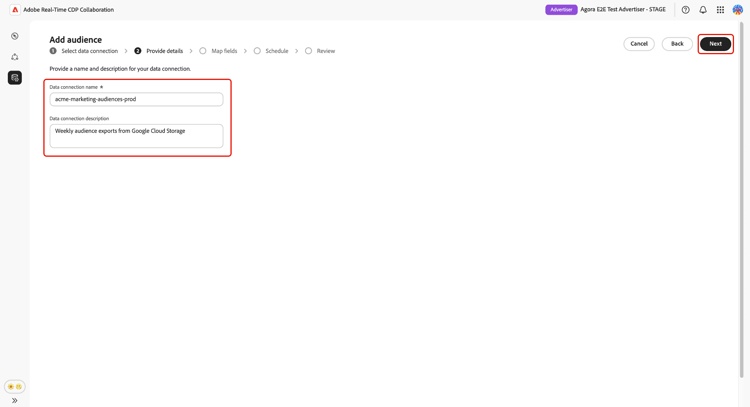 Workflow Ajouter une audience à l’étape « Fournir des détails » présentant les champs pour le nom de la connexion de données et la description de la connexion de données renseignés avec des exemples de valeurs, avec « Suivant » visible dans le coin supérieur droit.