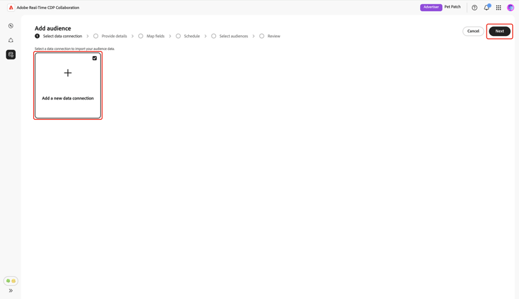 L’espace de travail Ajouter des audiences avec l’option Ajouter une nouvelle connexion de données mise en surbrillance.